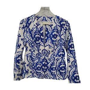 Chicos SZ XS Indigo Ink Alicia Jacket Blue White Stretch Hook & Eye Closure Suit